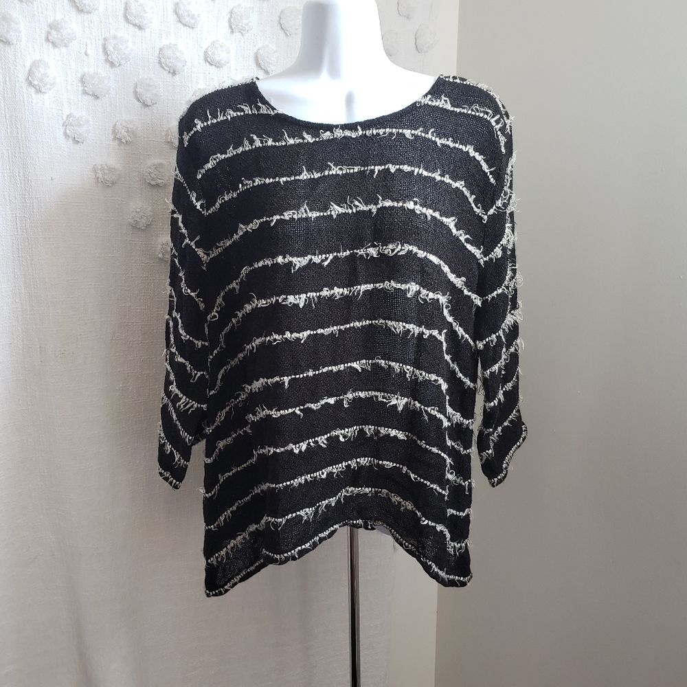 Black and White Striped Fuzzy  Sweater 3/4 Sleeve